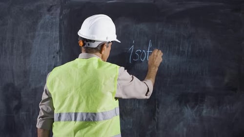 Engineer man writes Isothermal on the board.