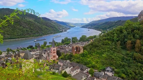 High angle view over the medieval town of Bacharach and the picturesque rhine river valley, Germany