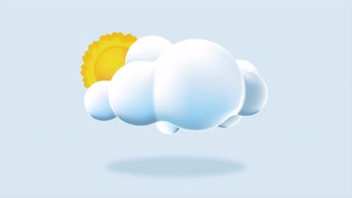 3D cloud and sun animation. Cartoon fluffy cloud and sun icon. Cartoon cloud and sun
