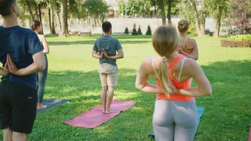 Grupo practicando la postura de flexión hacia atrás en una clase de yoga en el parque