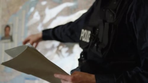 Police Officer Reviewing Map in Investigation Room