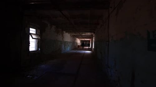 Walking down long dark abandoned hallway, Chernobyl Building abandoned