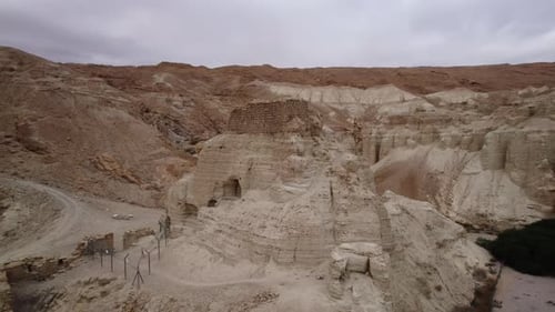 Aerial video over a desert area in Zohar Fortress Dead Sea Israel