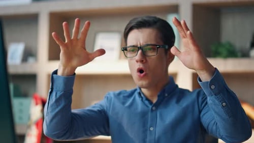 Emotional Businessman Talking Computer Videocall Office Close Up Man Gesturing