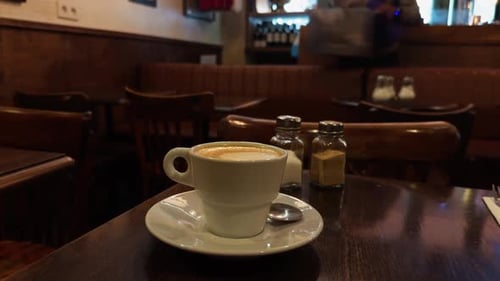 A Cozy Coffee Shop Ambience Featuring a Steaming Cappuccino Beautifully Placed on the Table for