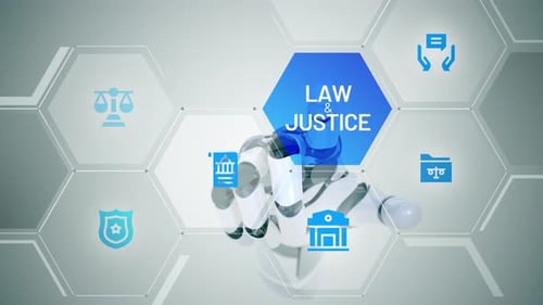 Robot Hand Interacting with Law and Justice Digital Interface