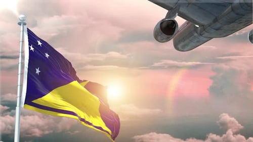 National Flag Waving with Passenger Airplane Flying Over Clouds