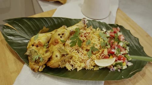 View of Biriyani chicken rice on a palm tree leave. Indian dish decoration.