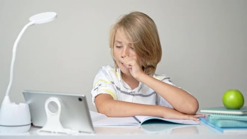 Middle School Smiling Student Boy Sitting at Desk Remote Studying Writing Book Homework and Tablet