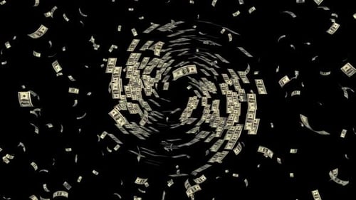 Swirling vortex of falling dollar bills