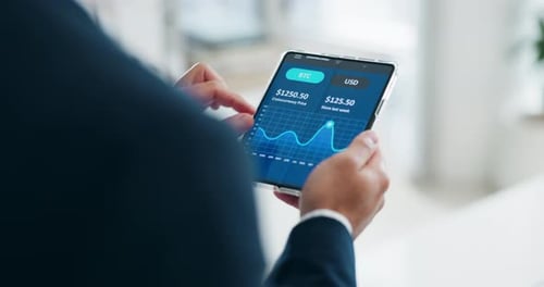 Hands, tablet and stock market trader for cryptocurrency price, graphs and data on fintech software