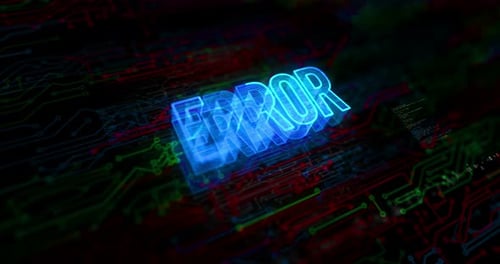 Glowing Neon Error Text Over Animated Circuit Board Background
