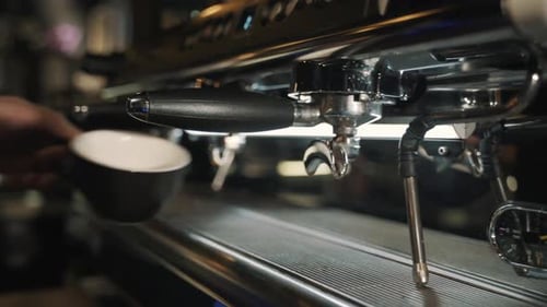 Pouring coffee stream from professional machine in cup. using filter holder. 120F