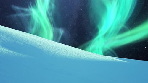 Winter landscape of snowy mountain with starry night sky and Aurora Borealis in the background.