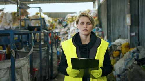 Front View of Woman Worker on Landfill, Waste Management Concept