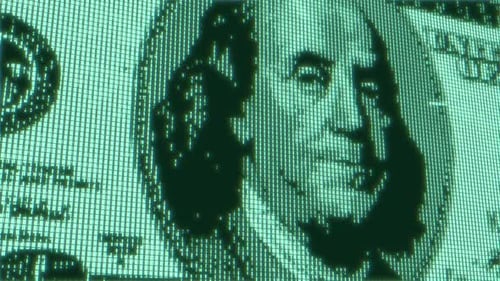 Green Digital 100 Dollar Bill Abstract Background with Binary Code Business and CBDC Finance Concept