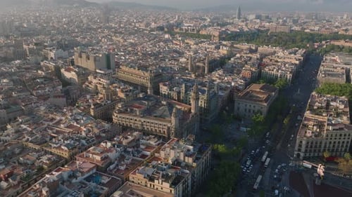 Aerial Panoramic View of Tourist Landmark in Historic Part of Metropolis at Golden Hour Barcelona