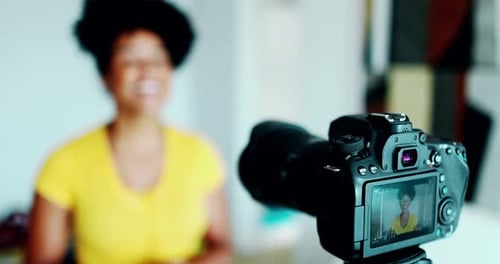 Camera Close-Up Filming Vlogger, Background Blurred, Woman Creating Testimonial Video for Online