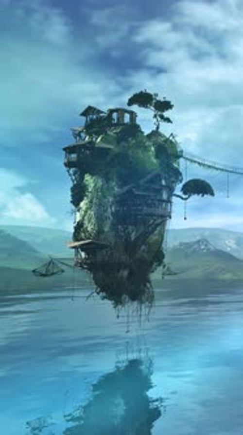 Animated Floating Island with Houses Over Water Background