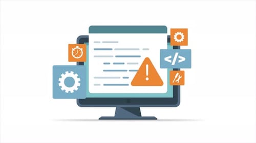 Flat Design Computer Monitor with Code and Warning Icons Animation