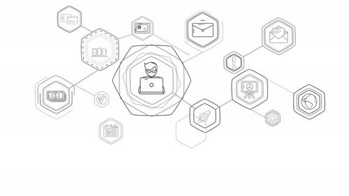 Schéma infographique animé monochrome sur la gestion financière numérique