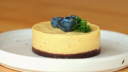Individual Cheesecake with Blueberries on White Plate
