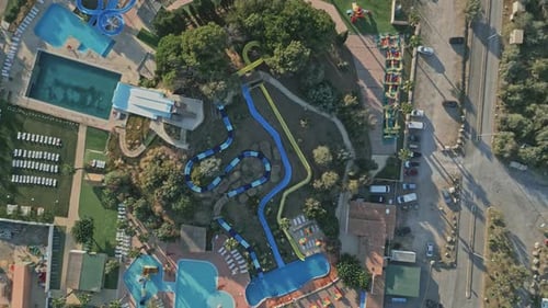 Topshot view of water park showing pools and slides