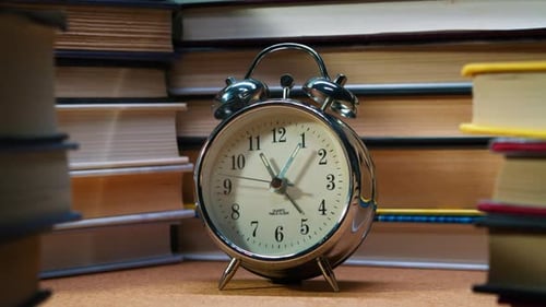 Old Classic Alarm Clock on the Background of Stacks of Books