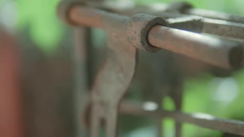 Rusty metal hinge on an old gate in close-up with green blurred background
