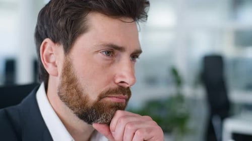 Close Up Portrait Puzzled Caucasian Mature Business Man Thinking Work Question Pensive Employer