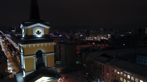 View of the night city from a helicopter