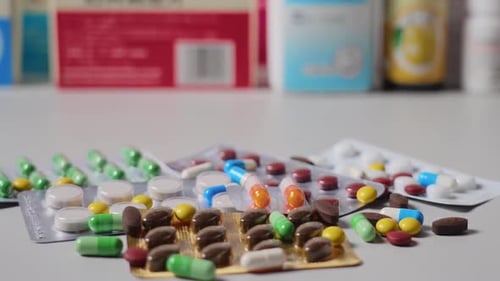 Pile of Colorful Pills and Capsules for Healthcare