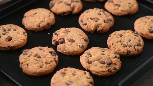 Galletas con chispas de chocolate horneadas en una bandeja horneada