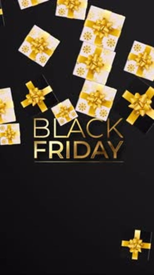 Black Friday Sale Golden Text and Falling Gift Boxes Vertical Animation