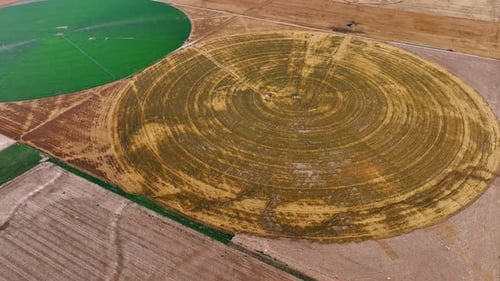 Circular farms of green and brown colors.