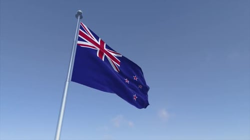 New Zealand Flag Waving in Bright Blue Sky