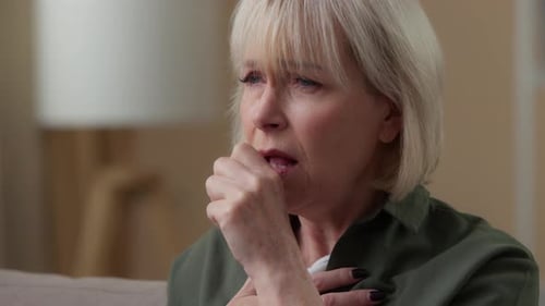 Sick Caucasian Old Woman Coughing at Home Health Problem Asthma Coronavirus Ill Aging Mature Lady