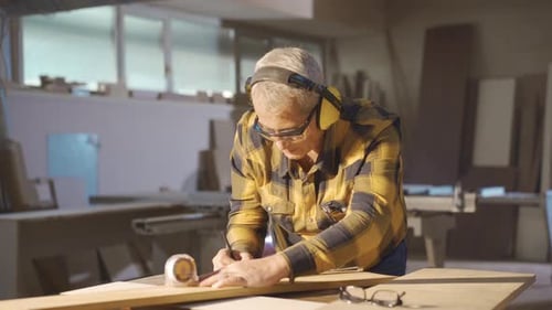 Adult carpenter man working in carpentry workshop measures wood with meter.