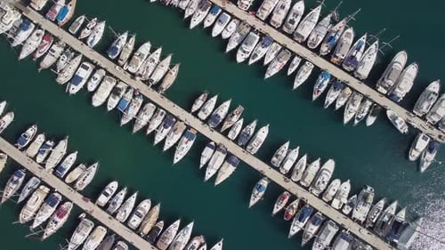Aerial view of rows of yachts in Marmaris Marina, Turkey