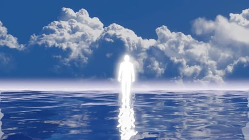 Man of light walking on a water surface that reflects clouds moving fast