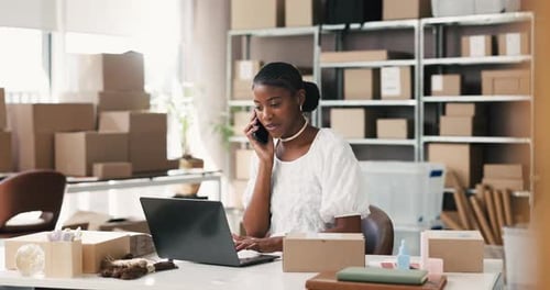 Black woman, logistics or phone call with laptop for online delivery or courier service in store