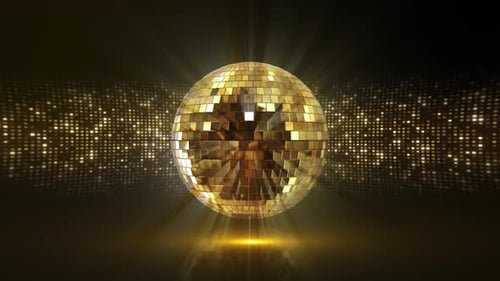 Rotating Golden Disco Ball with Shimmering Lights Background