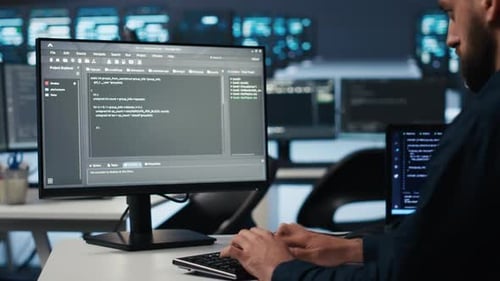 IT Employee Programming in Server Hub Housing Supercomputers Storing Datasets