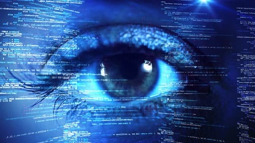 Technology Futuristic Data Stream in Cyberspace Eye Close Up