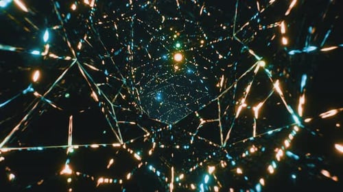Neon glowing rays and particles flying in digital technology animated tunnels