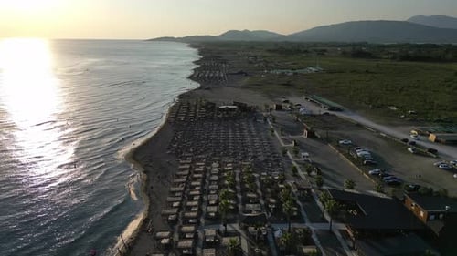 Aerial View of a Beautiful Sandy Beach with Palm Trees and Sun Loungers on the Ocean Shore