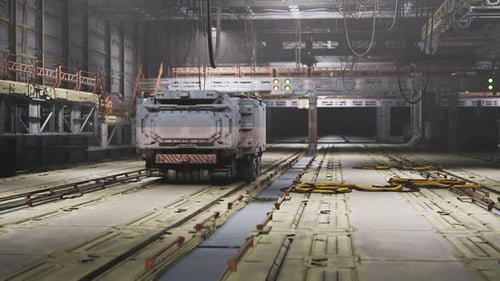 Futuristic Automated Vehicle Moving Through Advanced Industrial Hangar