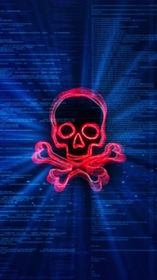 Digital Skull and Crossbones Warning with Scrolling Blue Code