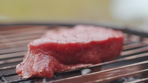 Fresh Tasty Raw Piece of Meat Lying on the Grill Grate and Starting to Be Cooked Close Up During a