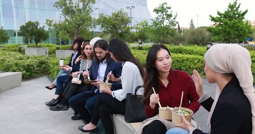 Multiethnic Business People Doing Lunch Break Outdoor From Office Building - Meeting